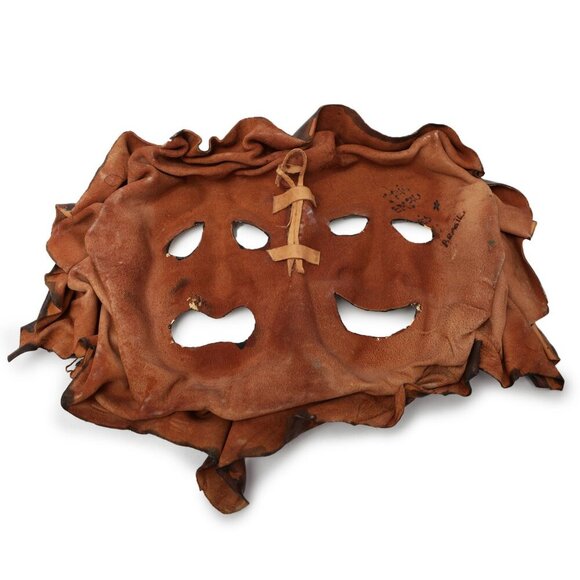 Vintage Leather Comedy Tragedy Masks Wall Decor Theater Brown Gold Brazil - Picture 4 of 9